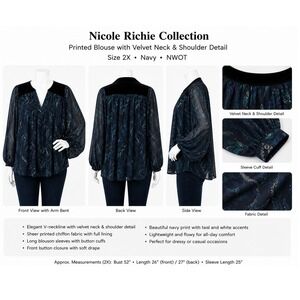 Nicole Richie‎ Collection Navy Printed Blouse Velvet Trim V-Neck Plus 2X NWOT
